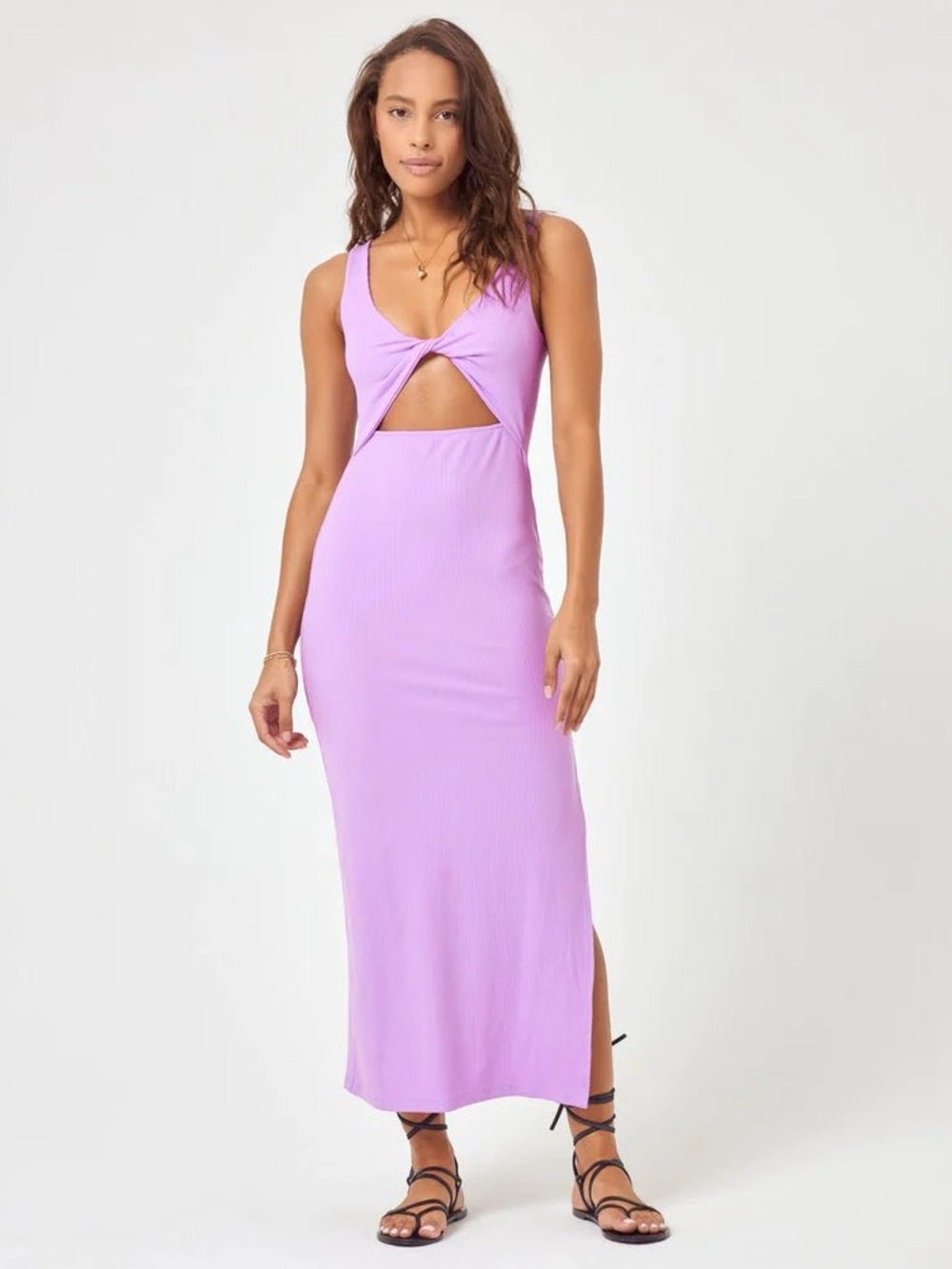 L*Space Nico Lavender Ribbed Midi Cutout Side Slit Sleeveless Dress Size Large